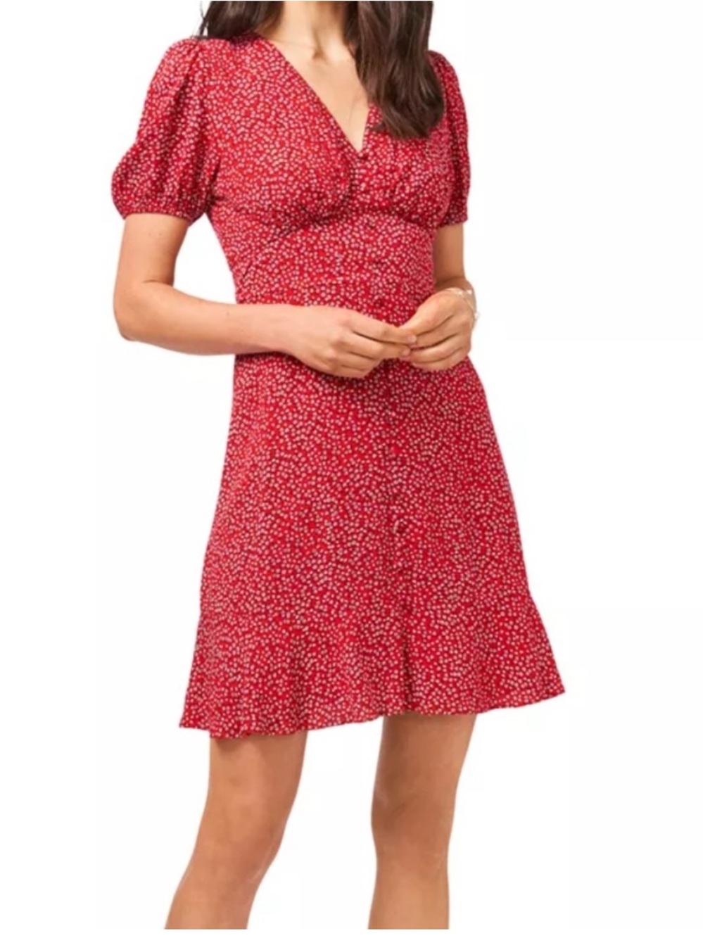 1. State Red Floral V-Neck Puff Sleeve Dress